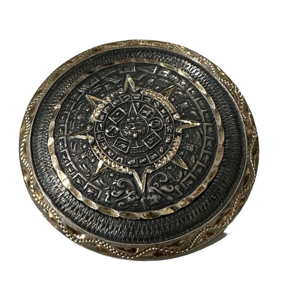 Signed 925 Mex Taxco Eagle 13 Heavy Aztec Mayan Calendar Domed Brooch Pendant - Picture 3 of 16